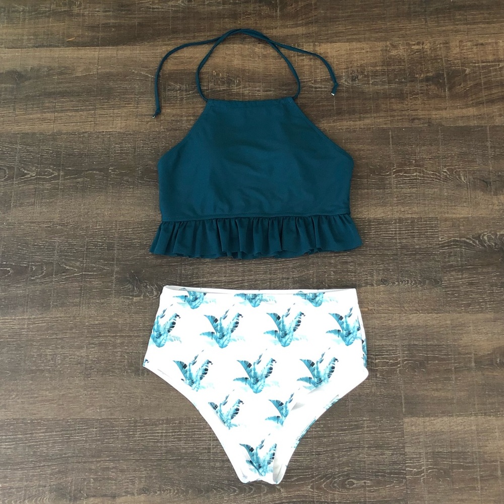 Teal and White High-Waisted Swimsuit